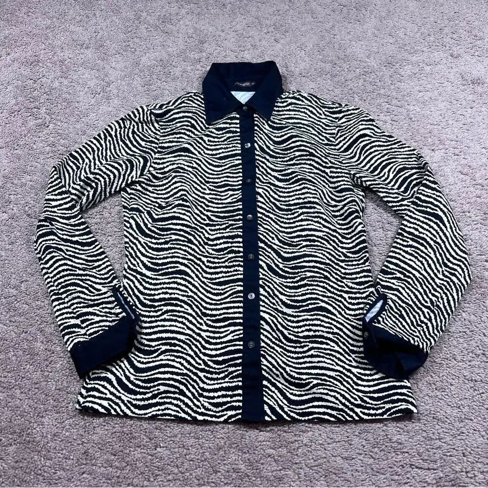 J McLaughlin Womens Black Ivory Zebra Stretch Mother Of Pearl Button Shirt Sz XS